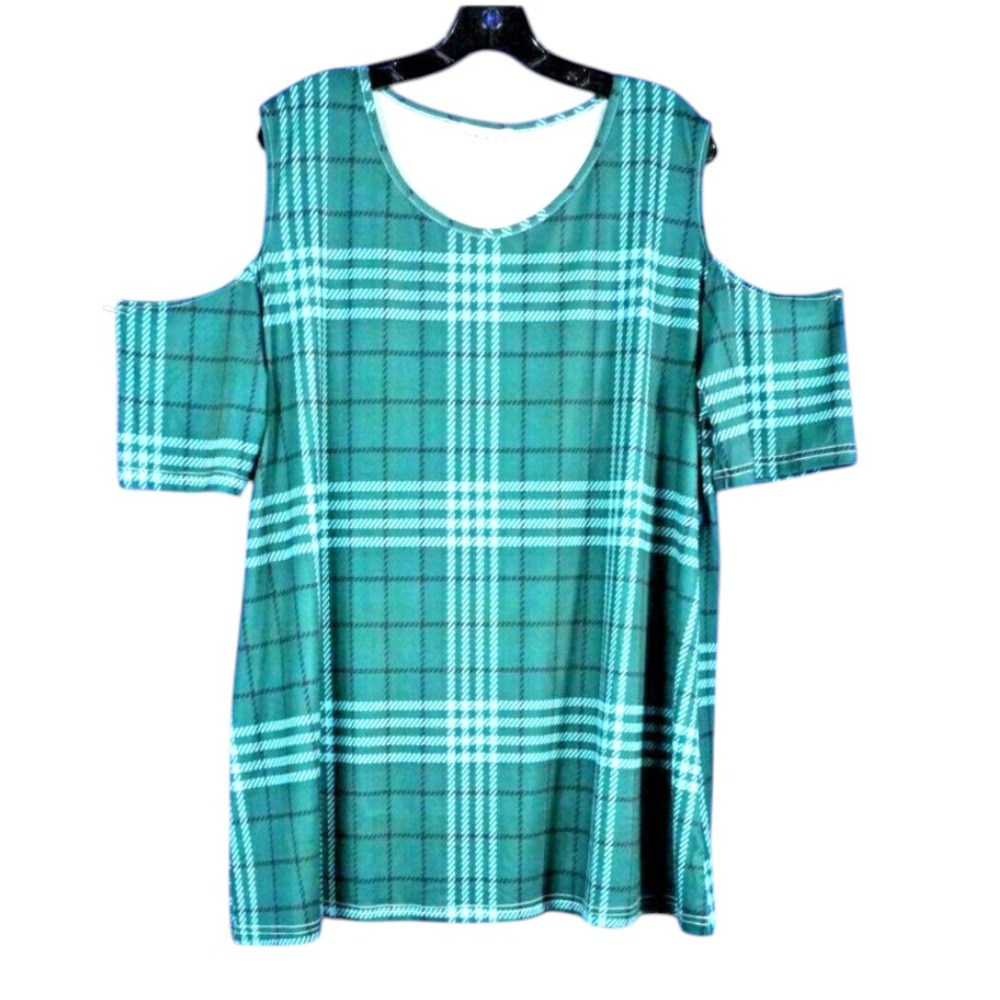 New BEYOND THIS PLANE Tunic Top GREEN PLAID Cold Shoulder T-SHIRT 2XL (1X)
